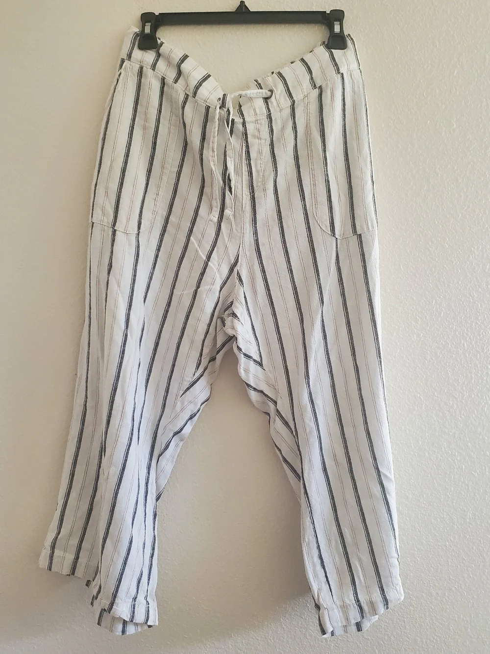 Women's White/Cream Linen-Blend Striped Drawstring Pants Size 1XP - Picture 1 of 6